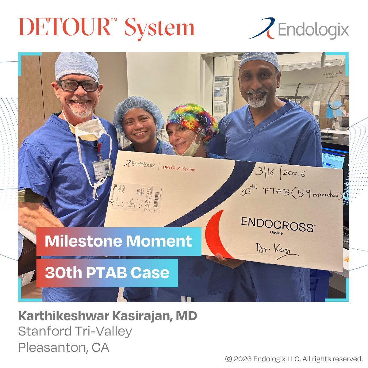 endologix's tweet photo. A milestone worth celebrating!

Our congratulations go out to Dr. Karthikeshwar Kasirajan on completing his 30th #PTAB case with the #DETOURSystem. We applaud you for embracing this novel endovascular technique — expanding access and bringing new options to patients who need them most. 

Interested to know what he's learned along the way? Join Dr. Kasirajan for a live webinar on April 28 for key insights into PTAB patient selection, and for an opportunity to ask your questions live!

Webinar: "Who is the Right Patient? Real-World Selection for DETOUR™ System"
🗓️Tuesday, April 28th | 4:30PM PDT
➡️ Register here: https://t.co/Sef5lwRN97

@SHC_TriValley 
#PeripheralArteryDisease #medtech #healthcareinnovation #medtwitter #cardiotwitter #endovascularinnovation #medicalinnovation #percutaneous