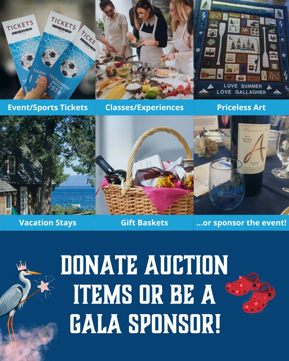 camp_gallagher's tweet photo. Please consider donating an item or sponsoring the Gala 🎁

Vacation stays, tickets, experiences, gift baskets, one-of-a-kind pieces -- all make amazing auction items! 

Think you can contribute?

Head here to get started: https://t.co/TGAaRkUPlL https://t.co/aWl06p2Gp0