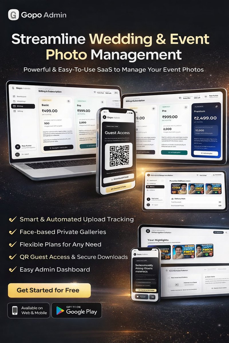 hellobj25's tweet photo. Built a SaaS for photographers 📸

Create event → Generate QR → Users register → Upload photos → AI shows only their face → Download instantly

Admin manages payments &amp; access 
Super admin analytics coming soon 
Solving real event chaos.

#SaaS #Startup #AI #BuildInPublic https://t.co/FmwOGOvLiS
