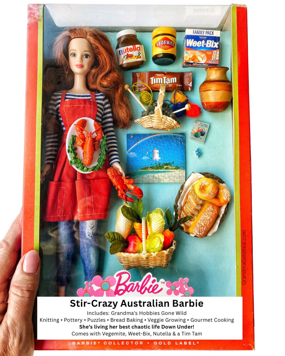 GrandmaGetsReal's tweet photo. Do you collect World Barbies?
Say g’day to Stir-Crazy Australian Barbie. Complete with Vegemite, Tim Tams, and a very proud lobster. 🦞 #BarbieParody https://t.co/e8tcHGRXL6