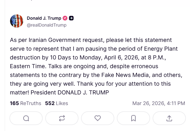 josh_wingrove's tweet photo. Trump extends his partial pause on strikes by 10 days. It had been due to expire Friday or Saturday. https://t.co/b2DQVgZ3GR