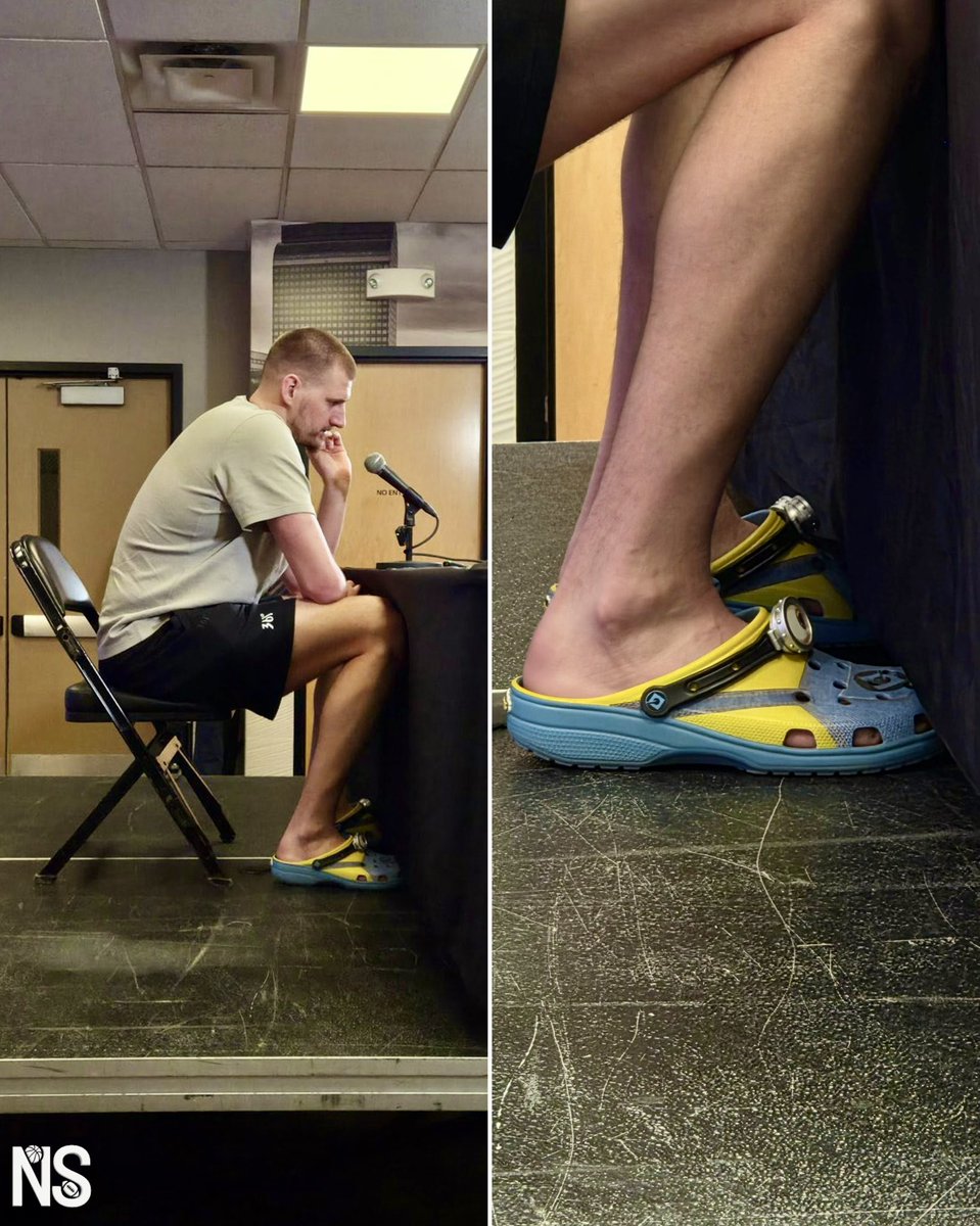 NowSportsX's tweet photo. Yes … that’s Nikola Jokic doing postgame in Minions Crocs after dropping 23 PTS, 21 REB, and 19 AST 😂 https://t.co/ARUVuAM7Et