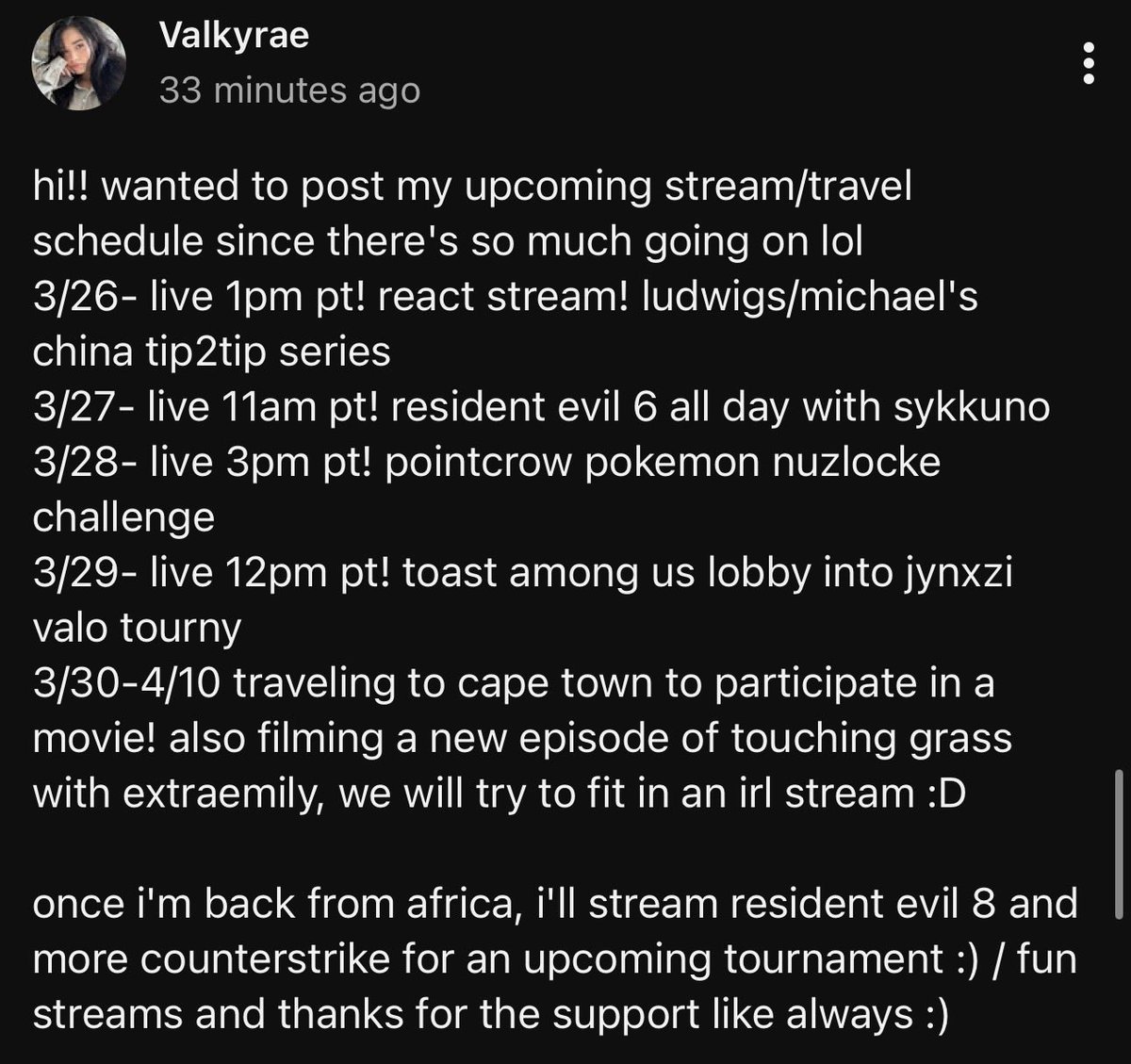 Valkyrae's tweet photo. Live on twitch and YouTube! 

Also here’s upcoming schedule 🎉
https://t.co/KgW9cqFen5
https://t.co/aAJrJbdefg https://t.co/L26fB6aWaH