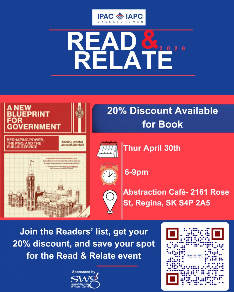⏳ Last call! Register by March 31 for our Read &amp; Relate event 📚

🗓️ April 30 | 6–9 PM
📍 Abstraction Café, Regina
Explore A New Blueprint for Government + get 20% off the book (support local!)
form.jotform.com/260226250032239

#IPACSaskatchewan #PublicService #ReadAndRelate
