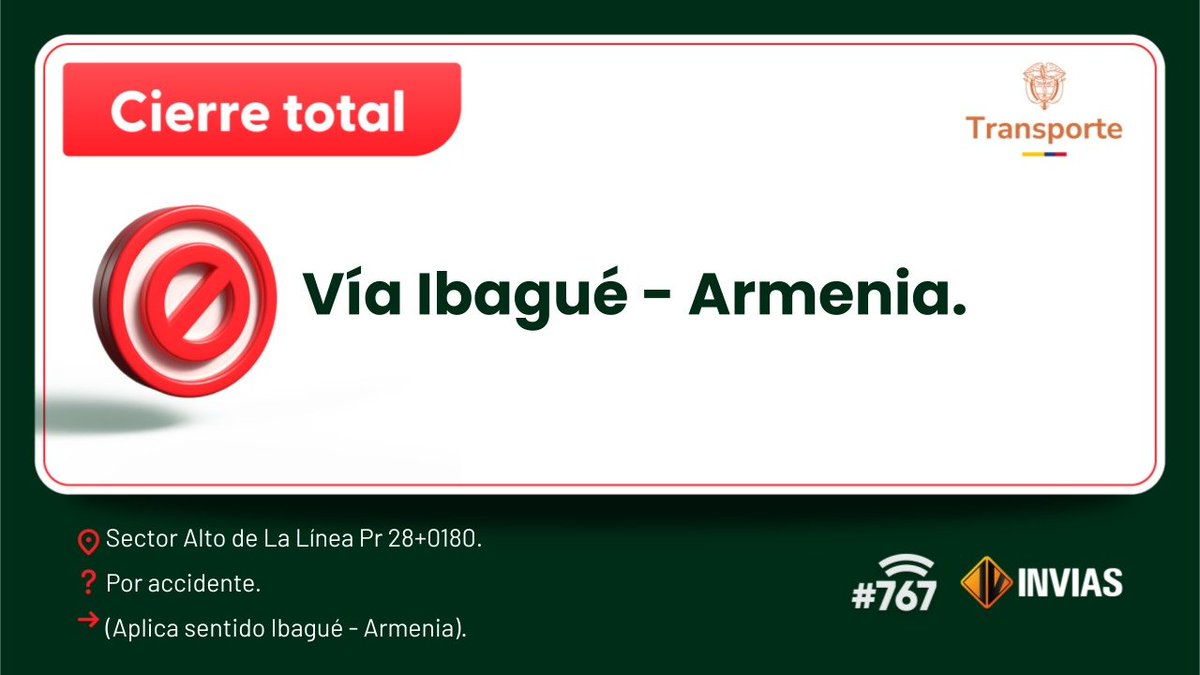 numeral767's tweet image. ¡Buenas tardes!

#NovedadVial en el departamento de #Tolima. Reporta cierre total en el sector Alto de La Línea. #EnDesarrollo

Trabajamos para mantenerte informado.