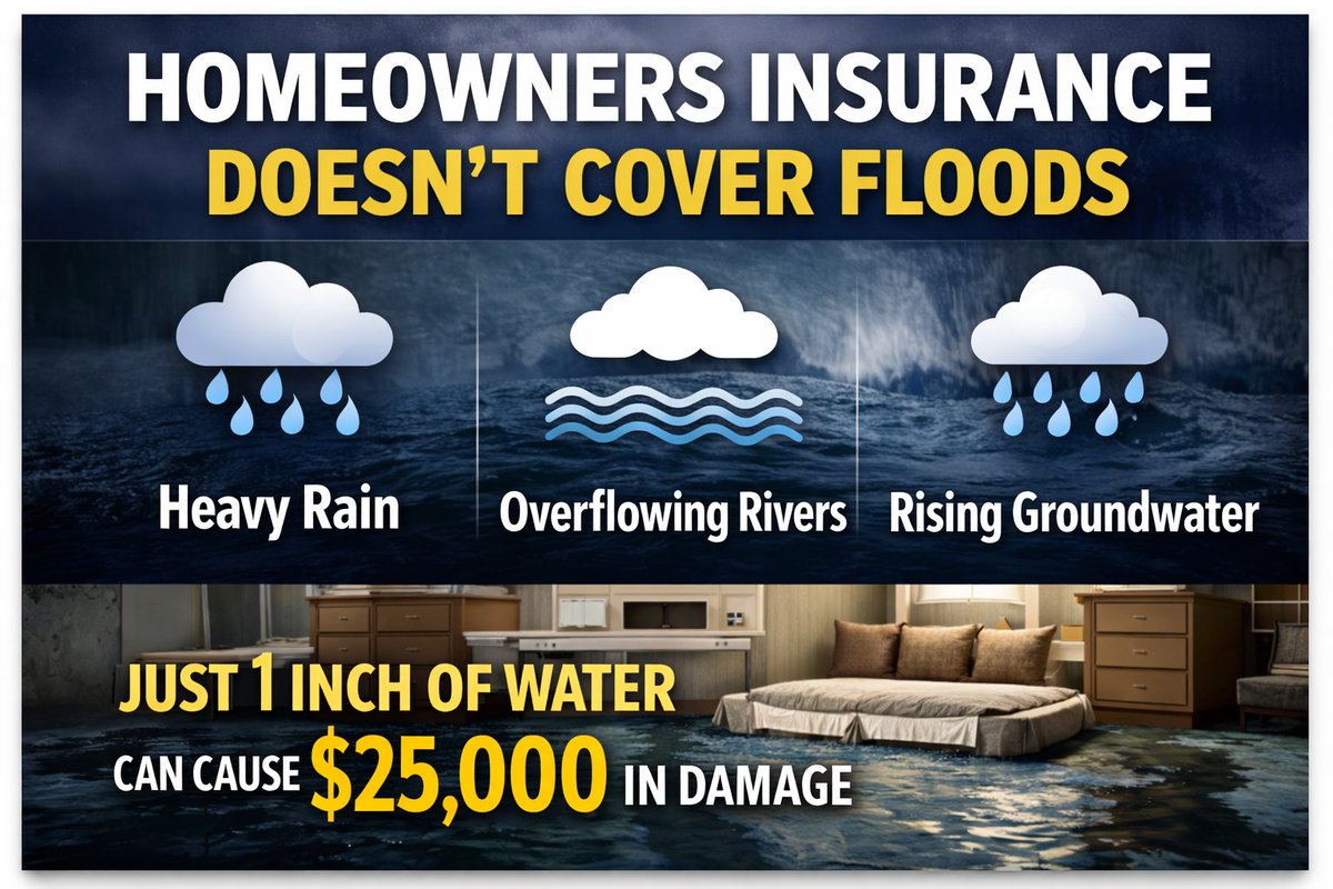 InsuranceFed_MN's tweet photo. Remember: your homeowners policy DOES NOT COVER FLOODING! Without flood insurance, recovery often means paying $$$ out of pocket or taking on loans.  READ MORE: https://t.co/ghaDmfRlA9 https://t.co/vkOHfpOTT3