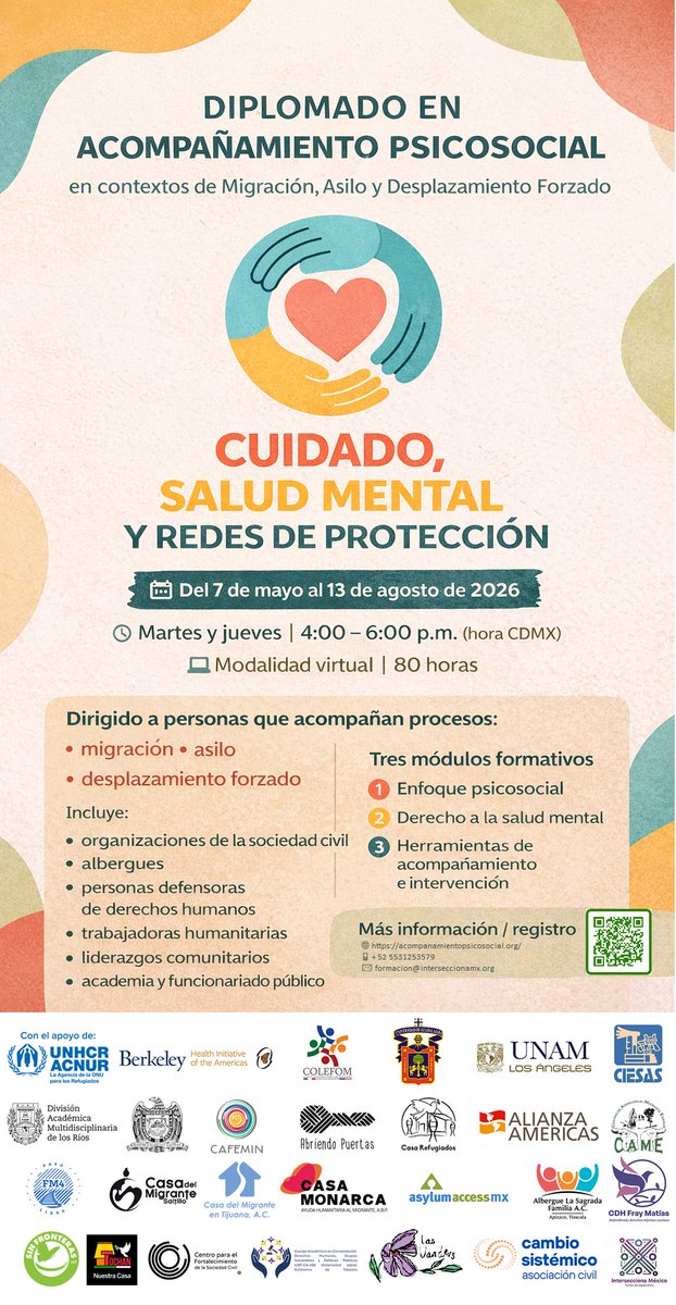 👐Cuidar a quienes acompañan es fundamental.
Forma parte del Diplomado en Acompañamiento Psicosocial: cuidados, salud mental y redes de protección.

📅 Del 7 de mayo al 13 de agosto de 2026
💻 Modalidad virtual

🔗Info e inscripciones: acompanamientopsicosocial.org/inscrbete