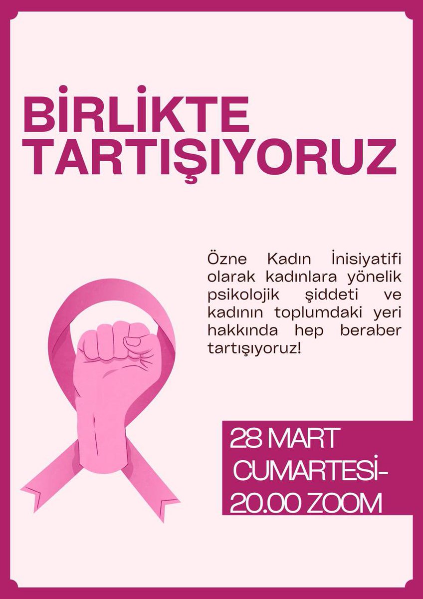 oznekadin's tweet photo. Özne Kadın İnisiyatifi olarak kadınlara yönelik psikolojik şiddeti ve kadının toplumdaki yeri hakkında hep beraber tartışıyoruz!

🗓️28 Mart Cumartesi
🕗20.00
📍Zoom https://t.co/XtV6t4DapE