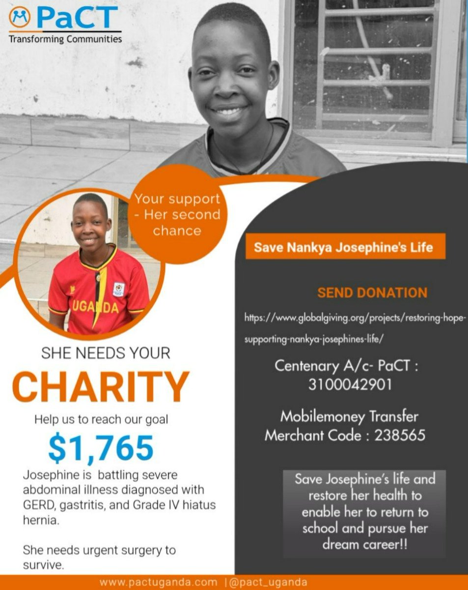 PaCT_UG's tweet photo. Josephine Nankya Senior Two student, brilliant and hardworking who dreams of becoming a nurse, was diagnosed with GERD, gastritis, and Grade IV hiatus hernia and she needs urgent surgery to survive and also continue her education

 Donate today to give Josephine a chance to live. https://t.co/n0cIOTGaVK