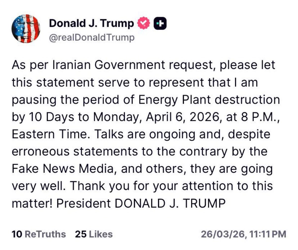 ترامب يعلن وقفًا مؤقتًا لاستهداف منشآت الطاقة الإيرانية ويؤكد استمرار المحادثات