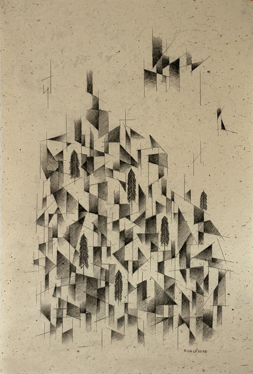 Urban Landscape: Jungle Series 2. Structures rise through the fog. #charcoalonpaper #mulberrypaper #washipaper #charcoalart #geometricdrawing #cubistart #ArchitecturalDrawing #negativespace #fineartdrawing