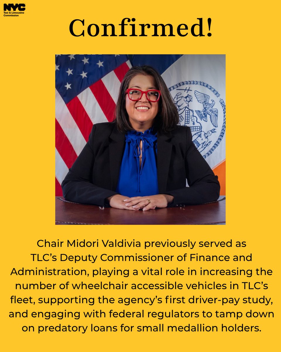Congratulations to Midori Valdivia, who today was confirmed as the next Commissioner and Chair of the Taxi and Limousine Commission by the City Council – bringing a new era to the 55-year-old agency that regulates the city’s taxi and for-hire vehicle industries.