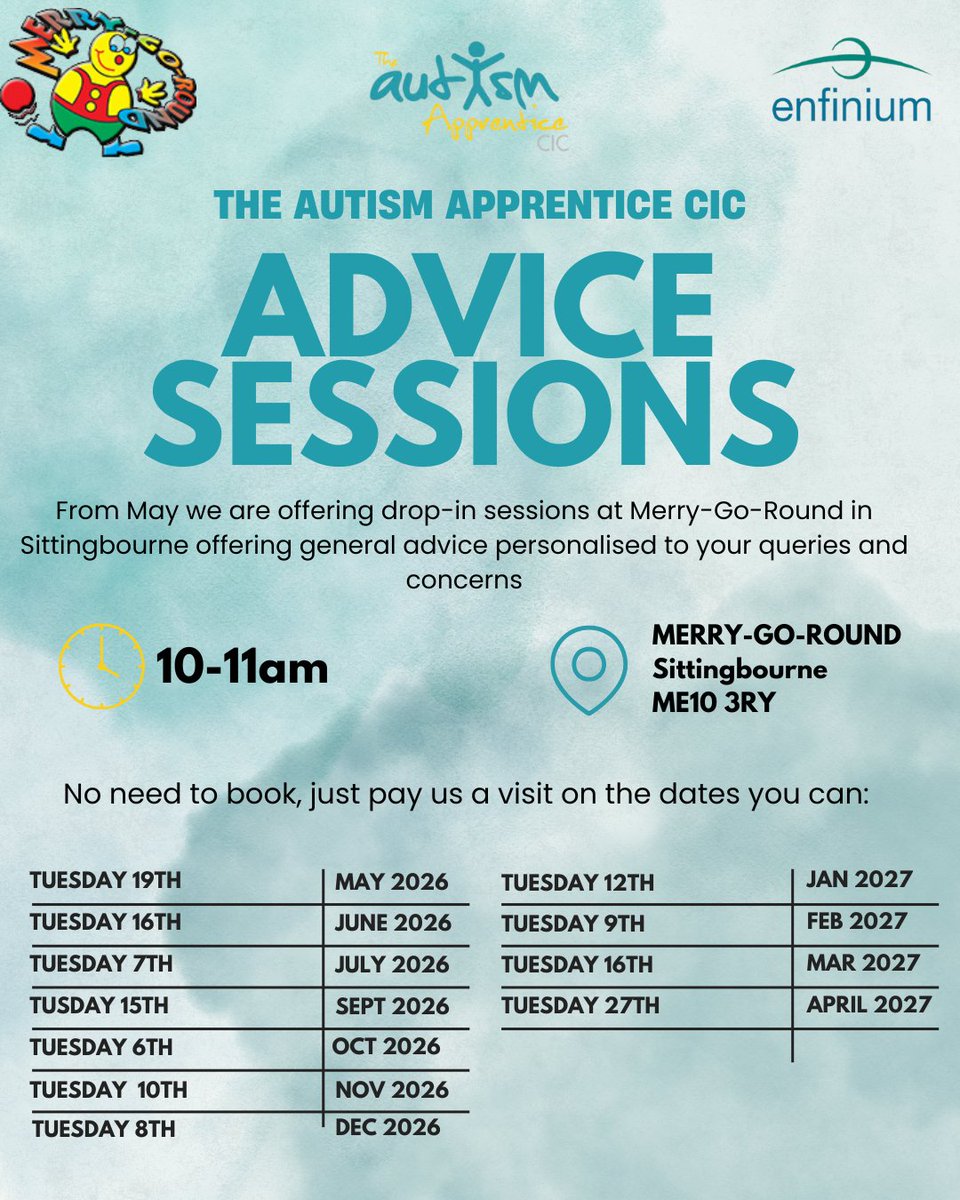 With many thanks to funding from enfinium, we are able to hold free-to-attend advice sessions at Merry-Go-Round in Sittingbourne aiming to provide you with answers and advice to your worries and questions,
Here are some dates for your diary, we look forward to seeing you there !