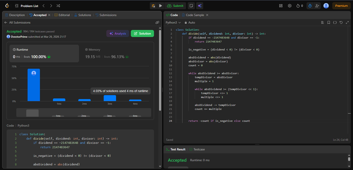 DVectorPrime's tweet photo. Day 89 of #90DaysOfCode 🚀

Non-stop lectures, terrible power supply, and completely dead devices. 

Squeezed out enough battery to solve LeetCode "Divide Two Integers" (Medium). Since *, /, and % are forbidden, I used bitwise shifts (<<) to perform exponential subtraction. https://t.co/RcD5uGnNb2