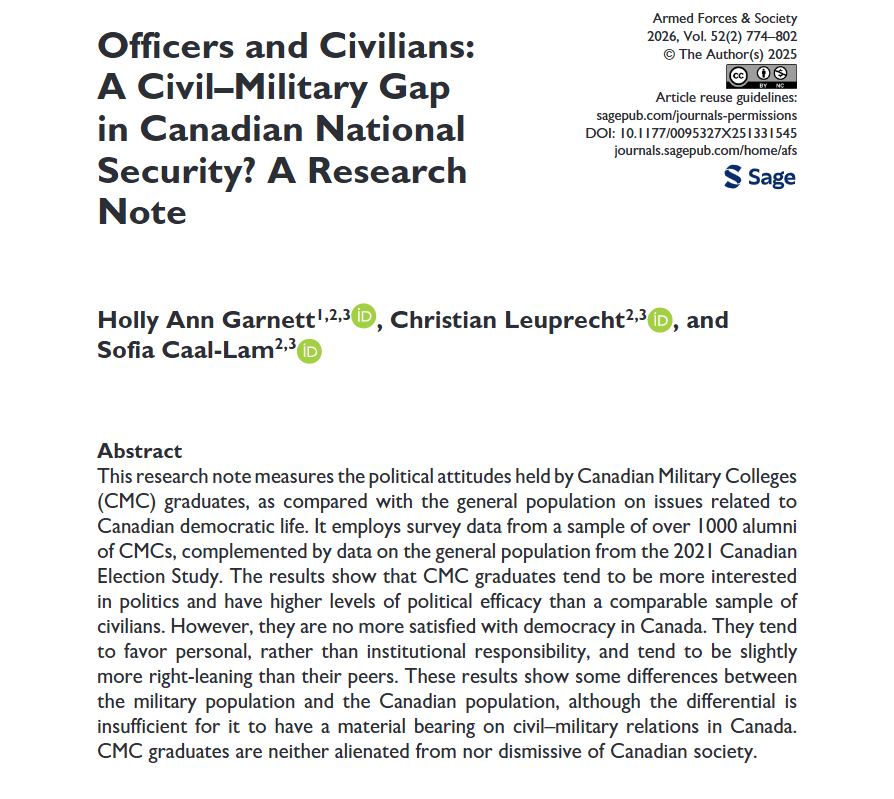 AFS_SAGE's tweet photo. Check out this article from our #NewIssue! Officers and Civilians: A Civil–Military Gap in Canadian National Security? A Research Note - Holly Ann Garnett (@HollyAnnGarnett), Christian Leuprecht, Sofia Caal-Lam #OpenAccess https://t.co/O0lsi7g2VG https://t.co/YGpgzak5LQ