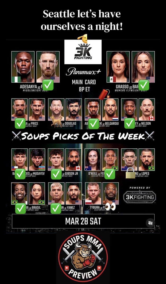 SoupsMMAPreview's tweet image. ⚔️Soups Picks Of The Week⚔️
🚨Izzy vs Pyfer Edition🚨
-
I’m VERY excited for this card yall.. some really fun stylistic matchups 🥋 
#UFCSeattle #IsraelAdesanya #JoePyfer #UFCFightNight #UFC