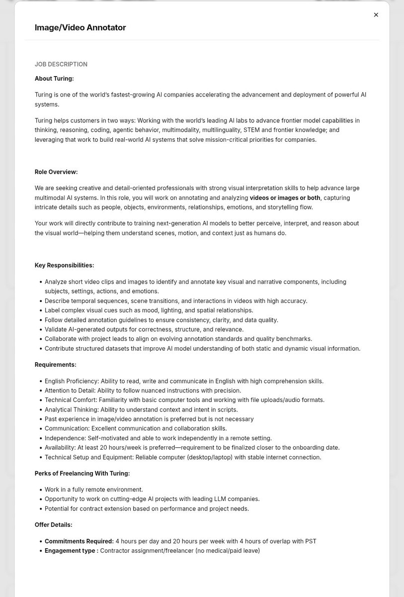 OlatunjiAyokan2's tweet image. 🚨 Turing is active right now 💻💰
Turing is hiring for Image/Video AI Annotation roles 👇

💼 What you’ll do:
• Analyze images and videos
• Identify people, objects, actions, emotions
• Describe scenes and interactions
• Validate AI-generated outputs

💰 Payment:
👉 $30 –