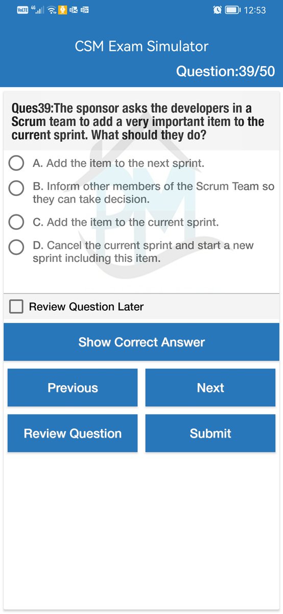 ProjMngmtHouse's tweet image. Question Source CSM Exam Simulator
It contains
300 questions
6 mock tests
50 free questions
Reference for each question from the Scrum Guide
Available for instructors with discount
Available on web, apple store and play store from here bit.ly/3Sl0GjE
#Scrum #Agile #CSM