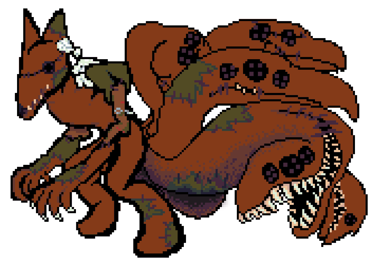 whiteeyedastro's tweet photo. the thing just stares... it appears its primary mouth is sewn shut
🪡🦊: ". . ."

the tails bicker amongst themselves
🪡: "Meat spell? fresh meat." https://t.co/g0SsjqbszT