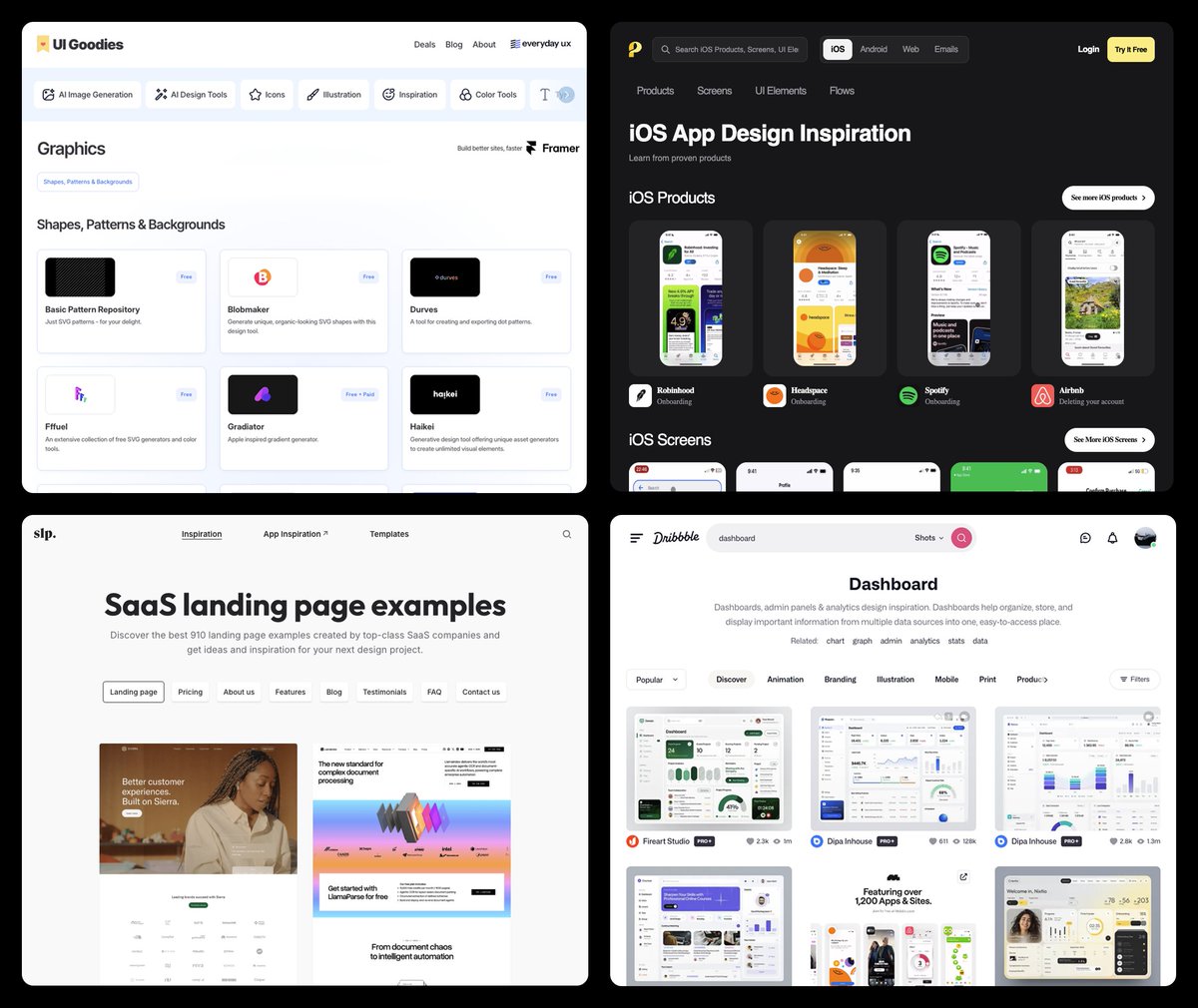 Everyone is sick of AI slop websites.

I use these 4 resources to be original and ship fast👇

saaslandingpage.com → real SaaS landing pages.
uigoodies.com → assets, mostly free.
dribbble.com → prototypes - to shape your idea.
pageflows.com