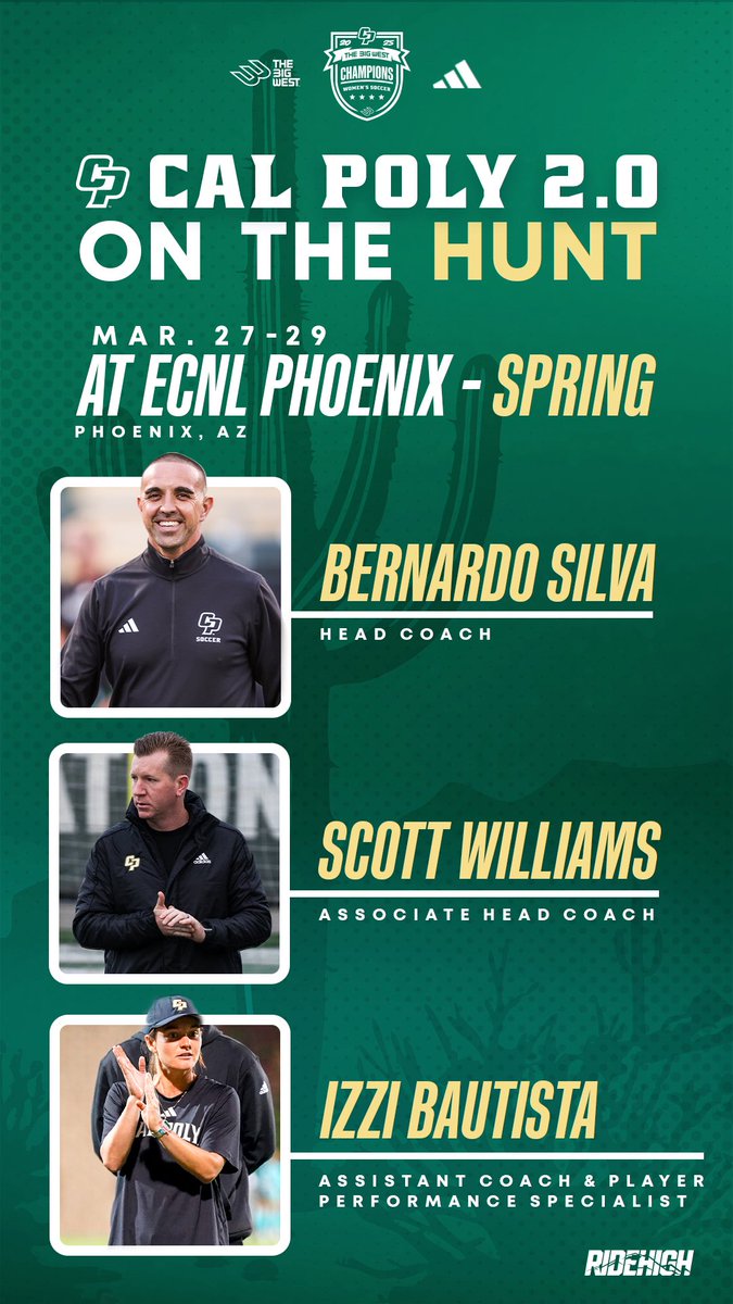 CPWomensSoccer's tweet image. 𝘽𝘼𝘾𝙆 𝙊𝙉 𝙏𝙃𝙀 𝙃𝙐𝙉𝙏 📈

Head Coach Bernardo Silva, Associate Head Coach Scott Williams and Assistant Coach Izzi Bautista head to the desert this Friday-Sunday looking for future Mustangs to join the Big West Champions 💪

#RideHigh🐎⚽️ | #BOOM💥