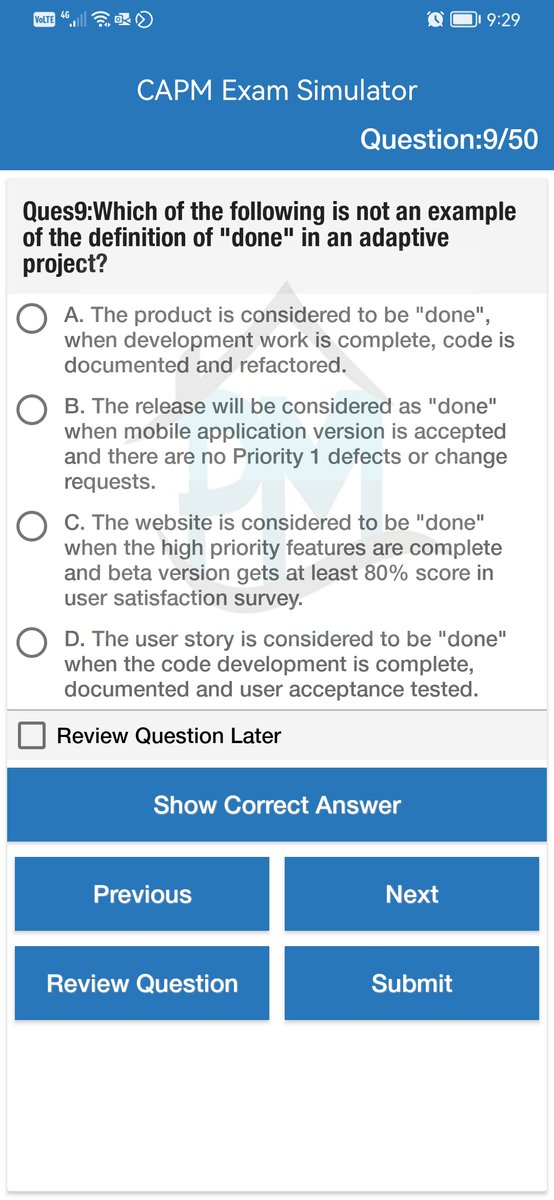 ProjMngmtHouse's tweet image. Questions Source is CAPM Exam Simulator
1000 #CAPM Q&amp;amp;A as per latest ECO
50 free questions
Quizzes on all domains
6 mock exams
Reference for each answer
Available for instructors with discount
Available on web, Apple store &amp;amp;play store from here bit.ly/3S8XLKU
#PMBOK7