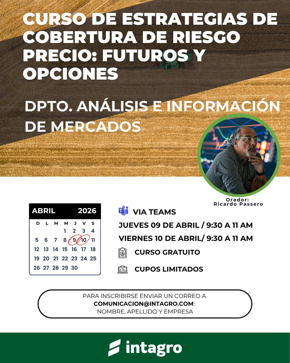 📚 Inscribite al Curso "Estrategias de Cobertura de Riesgo Precio: Futuros y Opciones" con Ricardo Passero

▫️ Fecha: 09 y 10 de abril
▫️ Horario: 09:30hs a 11hs

¿Cómo participar?

Escribinos a comunicacion@intagro.com con tus datos:
▫️ Nombre
▫️ Apellido
▫️ Empresa

#intagro