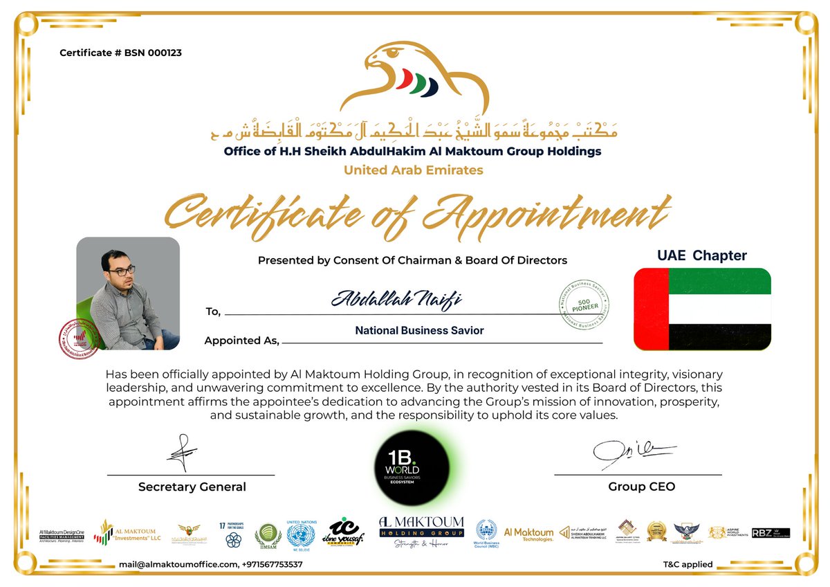 1BWorlds's tweet photo. Welcome Mr. Abdallah Naifi as 1B. National Business Savior  – UAE Chapter!
Recognized among 100 Global Pioneers, they drive innovation, leadership &amp; international impact.
#1BWorld #BusinessSavior #100Pioneers #LeadershipExcellence https://t.co/nYwT7IDsts