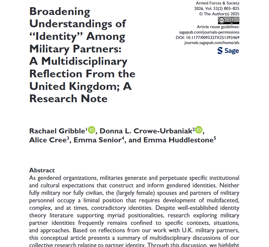 AFS_SAGE's tweet photo. Check out this article from our #NewIssue! Broadening Understandings of “Identity” Among Military Partners: A Multidisciplinary Reflection From the United Kingdom; A Research Note - Rachael Gribble (@rjgribble) Donna Crowe-Urbaniak (@DonnaCroweUrb) Alice Cree, Emma Senior, Emma Huddlestone (@emmalong120) #OpenAccess https://t.co/OxzMOWgkHM