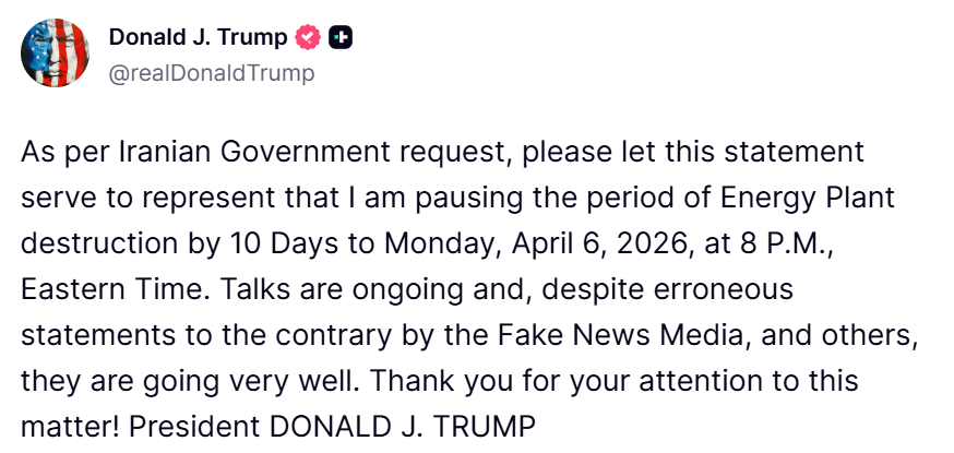 FrontierEye's tweet photo. USA President Donald Trump has indicated that he is delaying the destruction of Iranian energy facilities by 10 days.

“Talks are ongoing” https://t.co/bf7LawFQo1