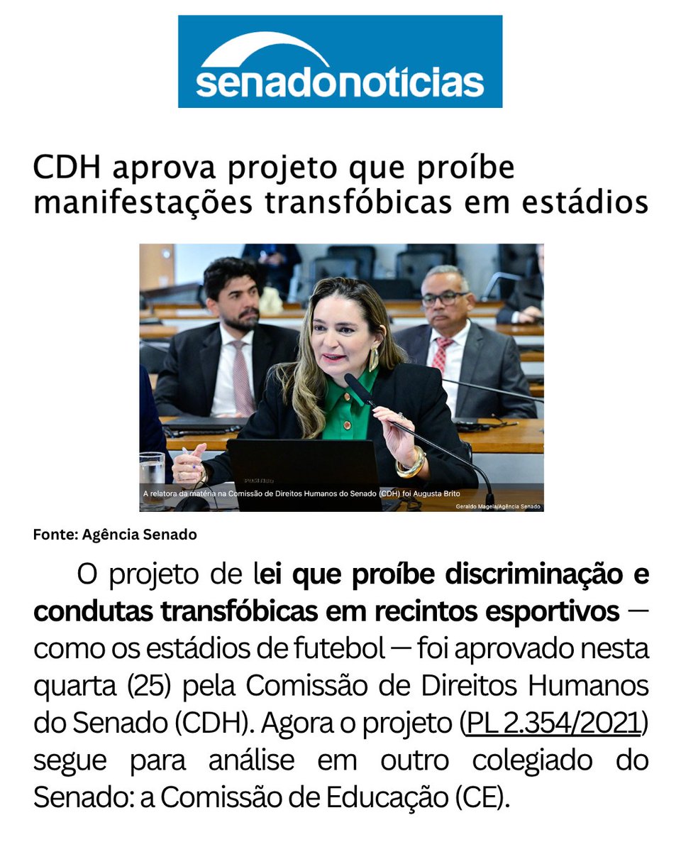 nixdiversidade's tweet photo. A Comissão de Direitos Humanos (CDH) do Senado aprovou o projeto de lei (PL 2.354/2021), prosposto pelo senador Fabiano Contarato que proíbe e pune condutas transfóbicas em recintos esportivos, como estádios de futebol. O texto prevê penas severas de 2 a 5 anos de reclusão, multa e a proibição de frequentar estádios por até 5 anos. Além disso, o projeto dobra as punições para quem praticar ou incitar violência no esporte quando a infração for cometida contra mulheres. A matéria, relatada pela senadora Augusta Brito e de autoria de Fabiano Contarato, segue agora para a Comissão de Educação (CE).

Como justificativa da importância da lei, a senadora Augusta Brito citou um estudo da ONG Nix Diversidade, o qual apontou que 63,5% dos entrevistados já presenciaram ou sofreram discriminação LGBTQIA+ na prática de esportes.

Diante da notícia informada pela Agência Senado sobre a aprovação da lei, a Nix celebrou a novidade e ficou muito feliz com o resultado. A organização destacou que sente estar cumprindo o seu papel ao ver o seu estudo, realizado em parceria com a Nike, ser utilizado como base para promover transformações sociais positivas e embasar a criação de políticas públicas fundamentais para a proteção de grupos vulneráveis.