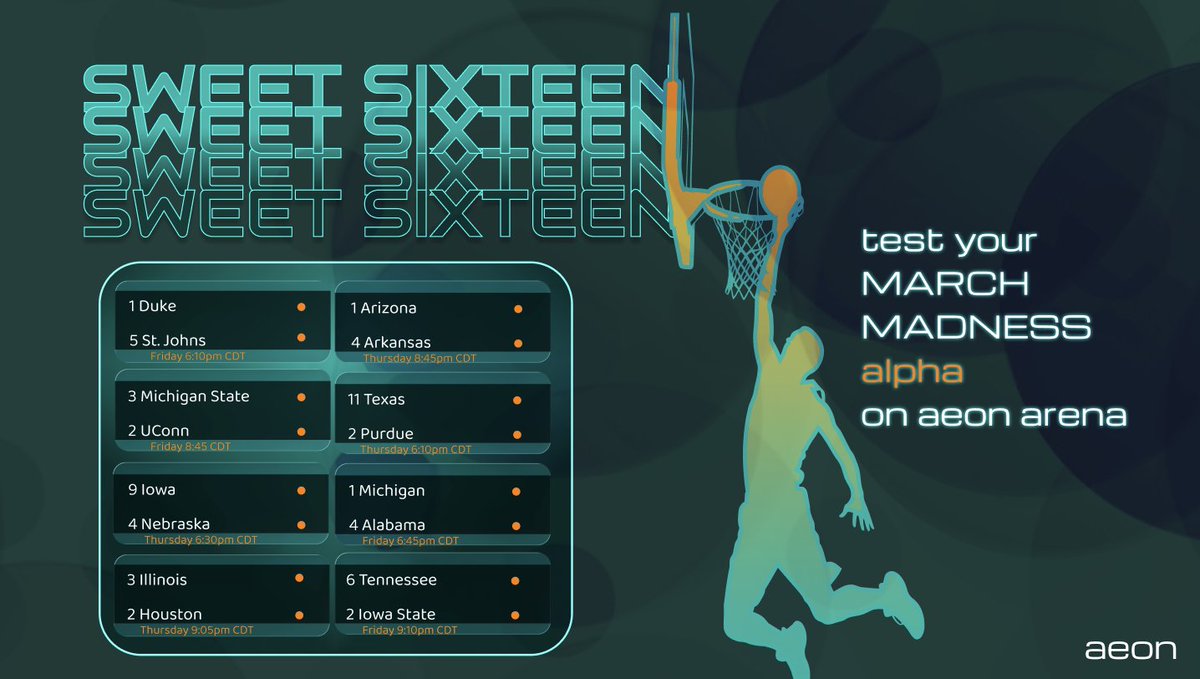 AeonArena's tweet photo. The Sweet Sixteen starts tonight, place your bets now in the March Madness arena live on https://t.co/wKFOFZtccb https://t.co/kSK2nCHgIf