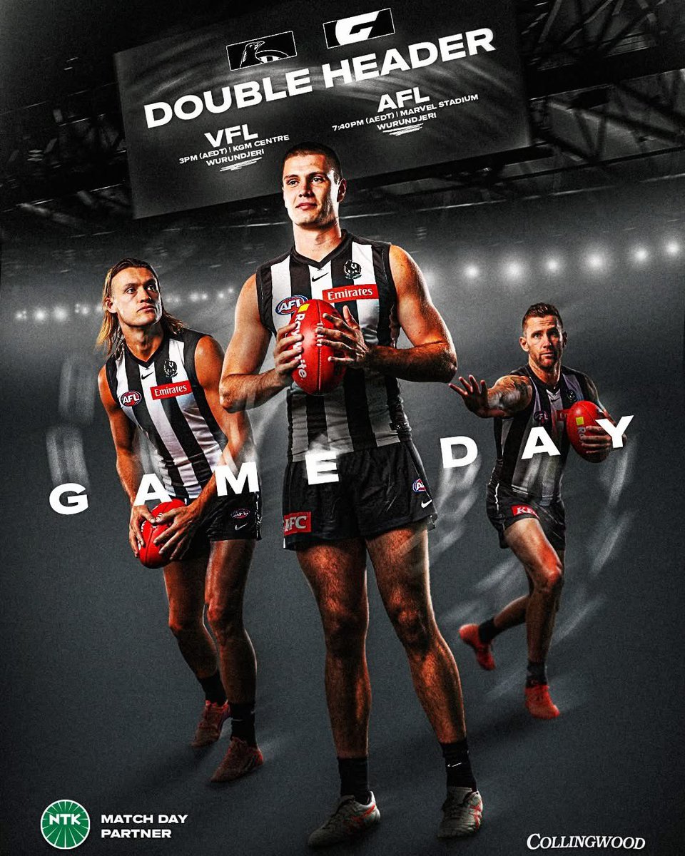 CollingwoodFC's tweet image. Incoming: A massive Friday of Pies footy 🖤🤍

The double dose kicks off with @CollingwoodVFL’s first outing of 2026 with a 3pm start at the KGM Centre. 

Then it's all aboard the Steene train for a 7:40pm start at Marvel Stadium 🚂