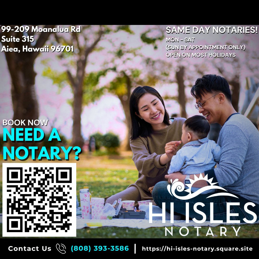 HiIsles's tweet photo. Need something notarized today? We’re available for same‑day in‑office notary services right here in Aiea at the Aiea Commercial Center—no mobile or remote options. We’re on the 2nd floor of the same building as Sushi Spot; take the stairs beside it and find us in Suite 315, toward the back above HI Pacific Property Management.

Monday–Saturday hours are posted on Google—please check before arriving or call ahead to confirm availability. Sundays are by appointment only and must be booked at least two business days in advance; Sunday appointments (2PM–6PM) include an additional fee.

Bring all required documents and any needed witnesses, as we do not provide witnesses. Book your appointment or get directions via the link in our bio!

https://t.co/hVu8Vsmg2D