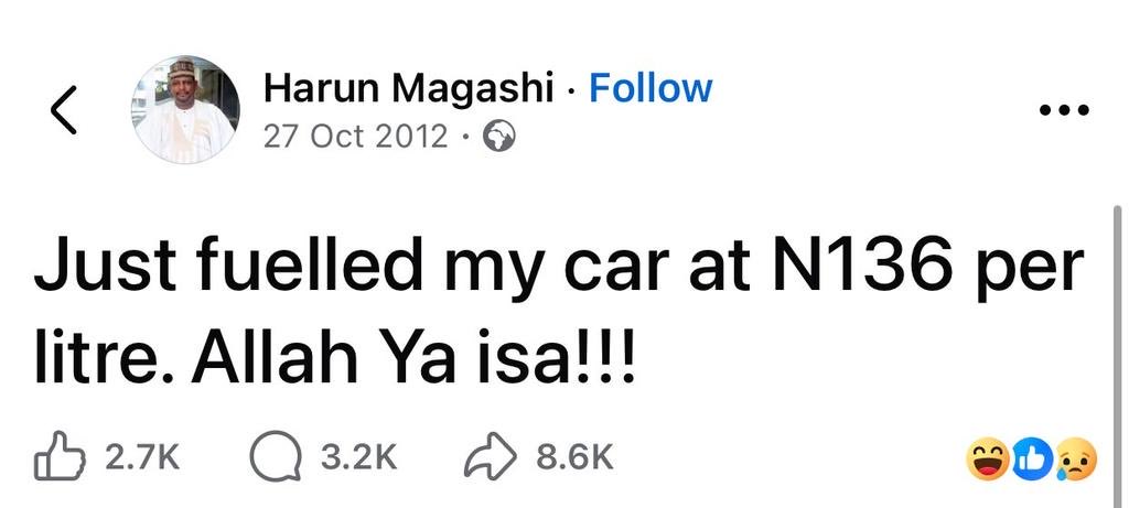 xagreat's tweet photo. Where is Haruna Magashi?

What will he say now that we are buying fuel at 1380? https://t.co/4ZOlTxBV3g