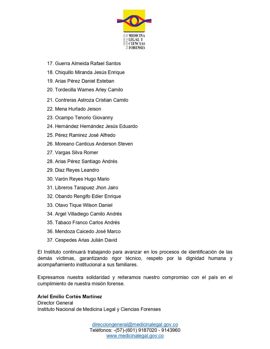 🚨 #ATENCIÓN | @MedicinaLegalColombi emite el Comunicado 018 sobre el proceso de identificación de las víctimas del accidente aéreo del C-130 Hércules en Putumayo. A hoy se han identificado un total de 37 víctimas del siniestro. Conoce el comunicado aquí:
