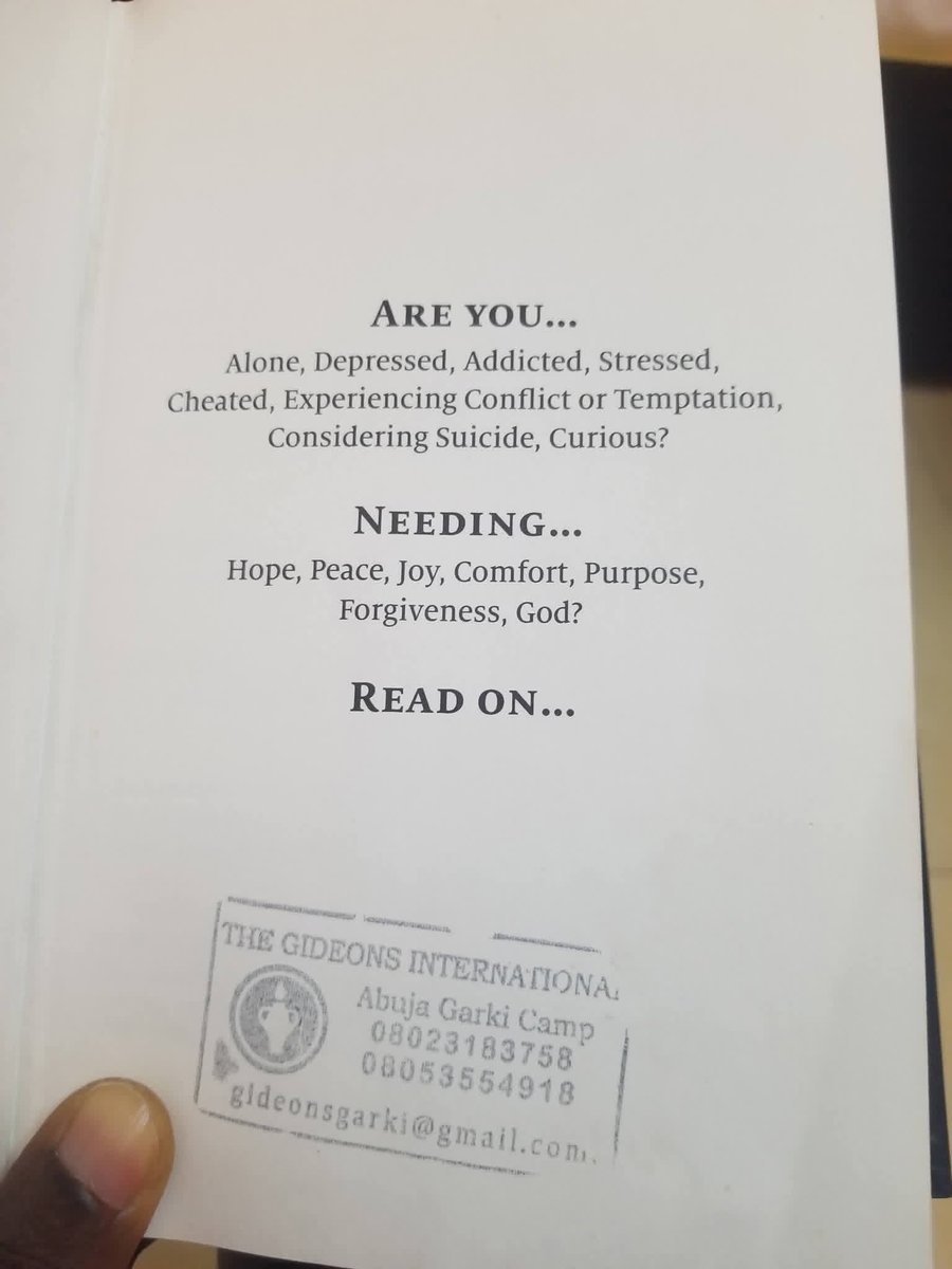 One of the most astonishing experiences I had, entering my hotel room was the sight of a Bible placed on the side drawer. This was unexpected, and it lifted my spirit.

God Bless The Gideons International, Garki Camp Abuja for spreading the word of God. <a href="/thegideons/">The Gideons International</a>
