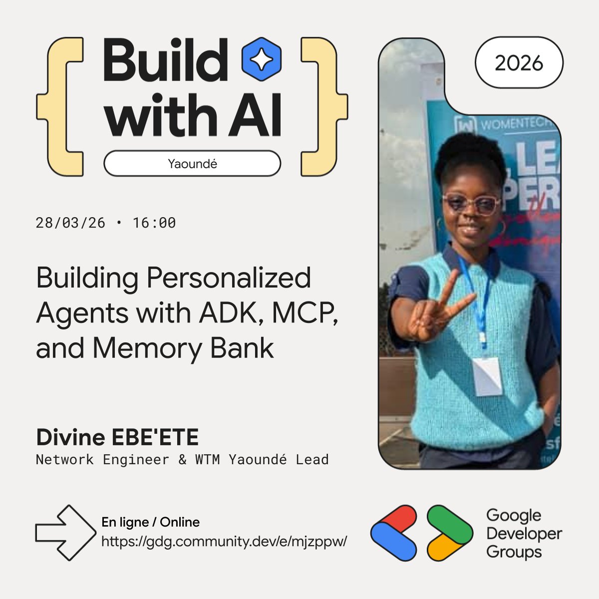 GDGYaounde's tweet image. Apprends à créer des agents intelligents avec mémoire .

🎤 Divine EBE'ETE
📅 28 mars 2026
🕓 16h
🌐 Online
 gdg.community.dev/e/mjzppw/

#AI #GDGYaounde #GDG #BuildWithAI #BuildWithAIYaounde #WTMYaounde