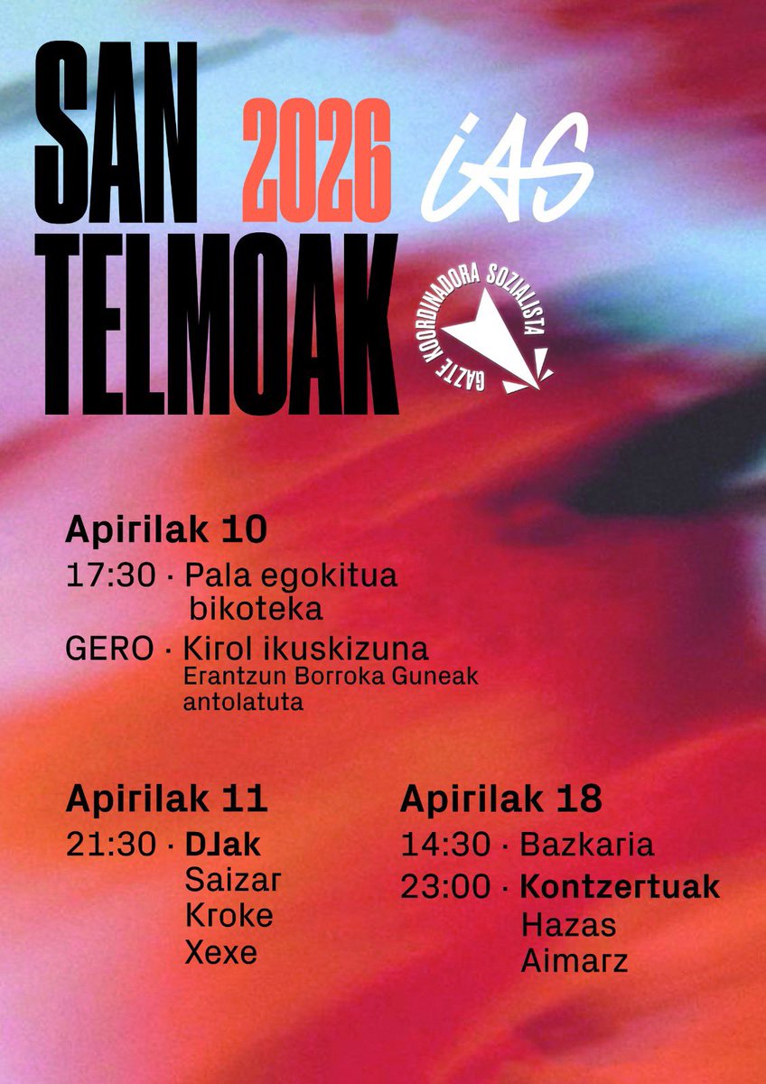 GKS_UrolaKosta's tweet photo. Ba datoz San Telmoak!

Hona hemen @UrolaKosta_IA -rekin batera antolatutako egitaraua!

Animatu parte hartzera! https://t.co/UK6ZOqjhAD