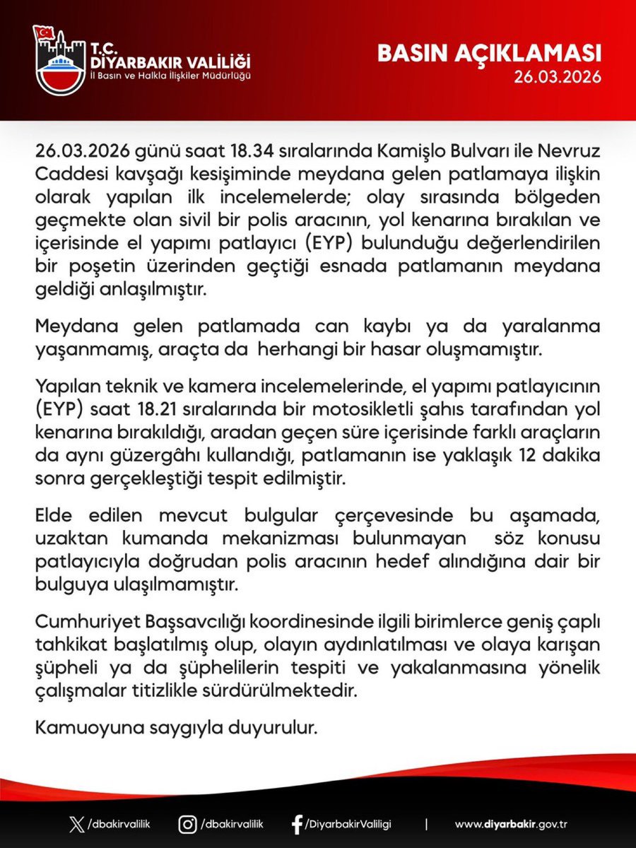 Diyarbakır’da yol kenarına bırakılan EYP, sivil polis aracının geçişi sırasında patladı.