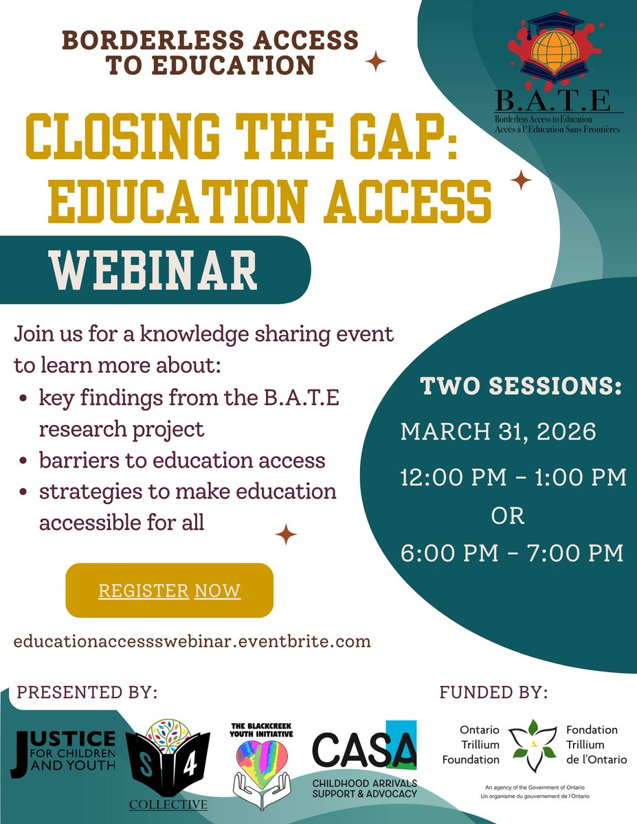 Settlement_Org's tweet photo. Join the Borderless Access to Education (BATE) project partners as they discuss the challenges youth with precarious immigration status face in Ontario, and explore solutions to improve education access for all https://t.co/l4oasF1hS6 https://t.co/i9fe1igvyN