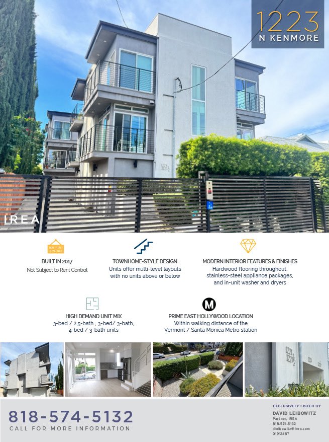 IREA_CRE's tweet photo. Now Available: 1223 N Kenmore Ave — Four Units Built in 2017 | East Hollywood

This newer construction asset features spacious townhome-style units with no neighbors above or below, modern finishes, in-unit laundry, and strong natural light. https://t.co/nEXHONuVjL