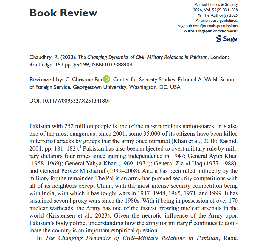 AFS_SAGE's tweet photo. Check out this article from our #NewIssue! Book Review: The Changing Dynamics of Civil–Military Relations in Pakistan by Chaudhry, R. - C. Christine Fair (@CChristineFair) https://t.co/PJkZdW4NZt https://t.co/TR7PXrrzzH