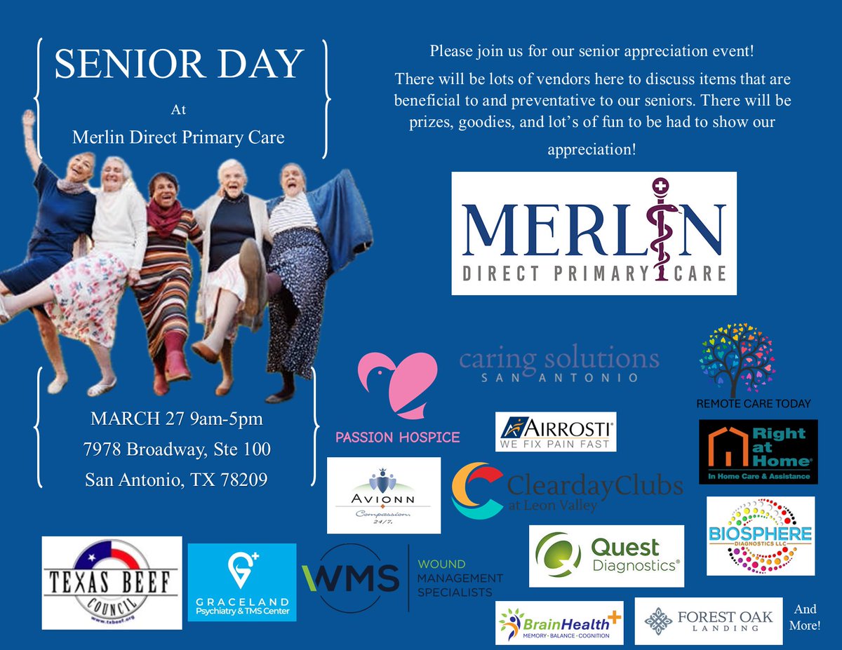 Merlindpc's tweet photo. SENIOR DAY is tomorrow! 🎉

You and your friends are cordially invited to our Senior Appreciation Day on Friday, March 27 from 9am-5pm. 

#Senior #appreciation #doctor #health #healthcare #MerlinDirectPrimaryCare #primarycare #direct https://t.co/xaZhFzzSU7