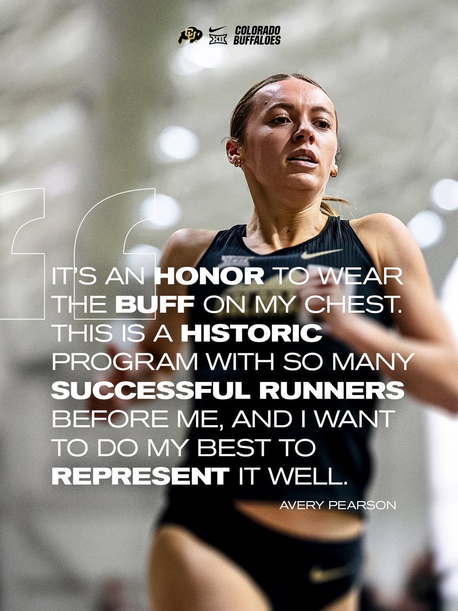 CUBuffsTrack's tweet photo. Avery Pearson on a historic first season at CU:
 “It’s an honor to wear the Buff on my chest. This is a historic program with so many successful runners before me, and I want to do my best to represent it well.”

✨ Season Highlights:
- Broke the CU 800m school record
- Broke the Colorado soil 800m record
- Represented Canada at the World Athletics Indoor Championships
- Qualified for the NCAA DI Indoor Championships
- Made an immediate impact in her first NCAA season

Avery’s first year in Boulder has been one for the books…congratulations on a season to remember! 💛🖤