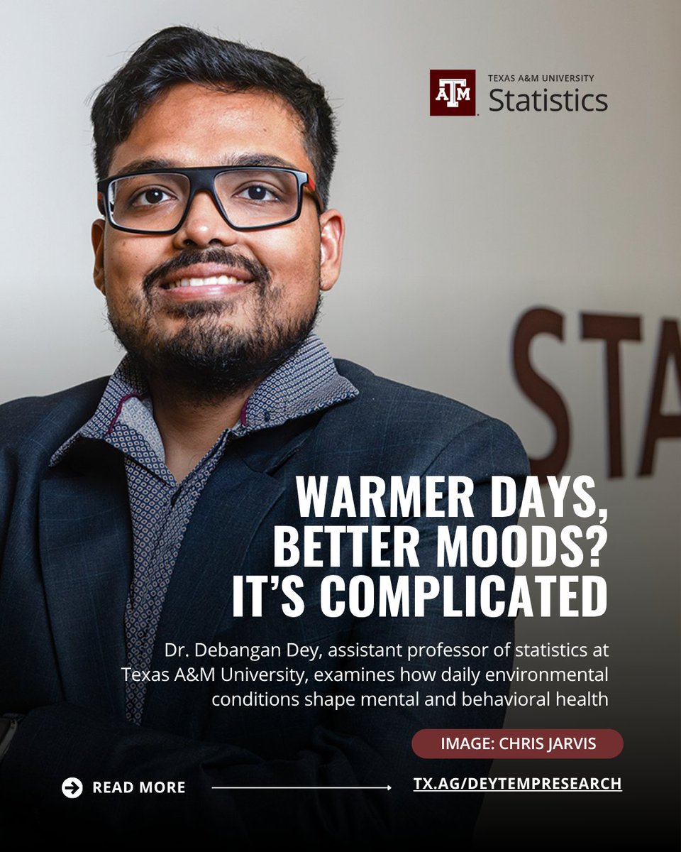 TAMUstats's tweet photo. We are proud to highlight assistant professor Dr. Debangan Dey's work, which exemplifies the impact of statistical science on informing more thoughtful, data-driven perspectives on human health.

To read more, visit https://t.co/NwjmhsDPk7

#TAMU #GigEm #Aggies https://t.co/MIhIfqqcCH