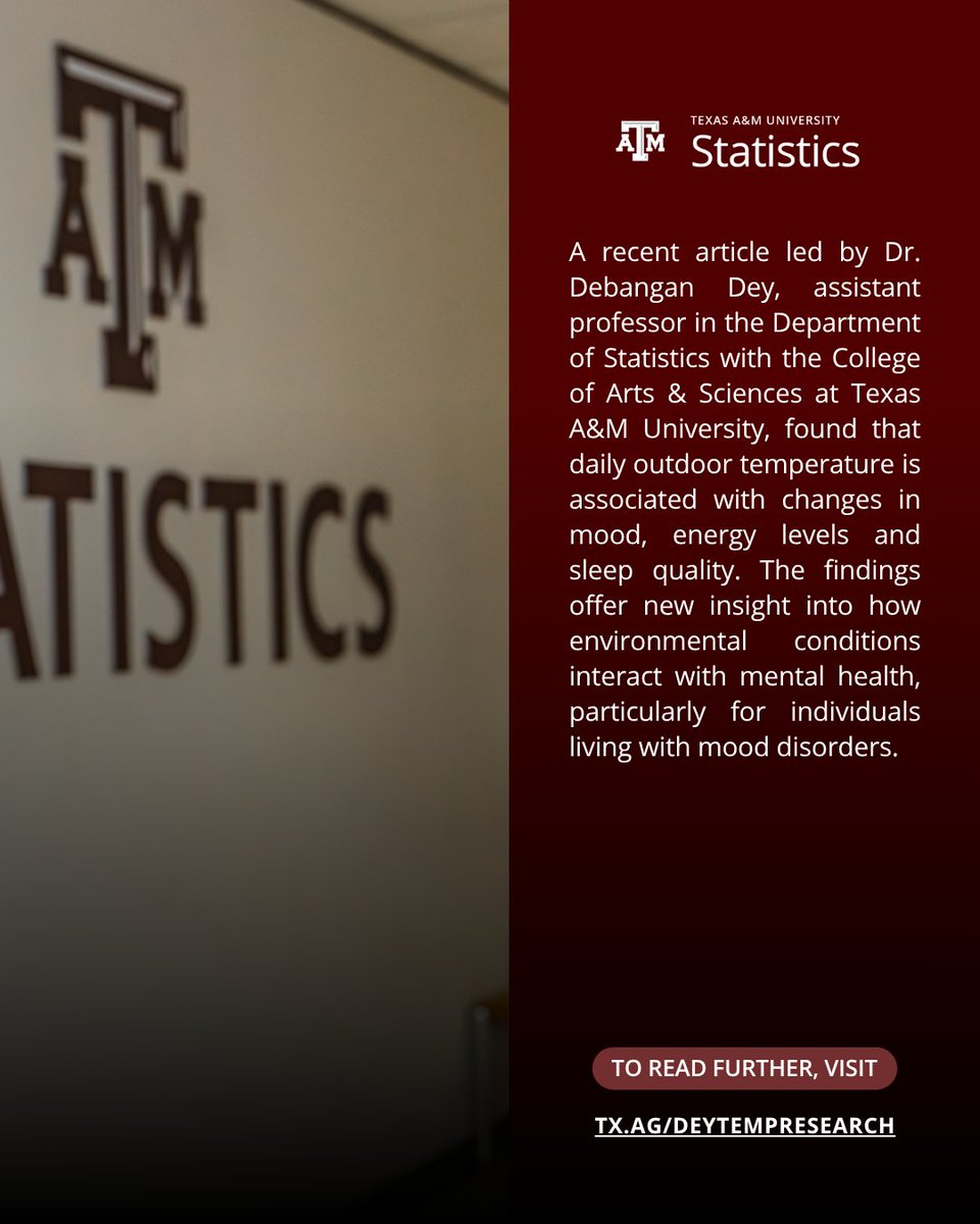 TAMUstats's tweet photo. We are proud to highlight assistant professor Dr. Debangan Dey's work, which exemplifies the impact of statistical science on informing more thoughtful, data-driven perspectives on human health.

To read more, visit https://t.co/NwjmhsDPk7

#TAMU #GigEm #Aggies https://t.co/MIhIfqqcCH