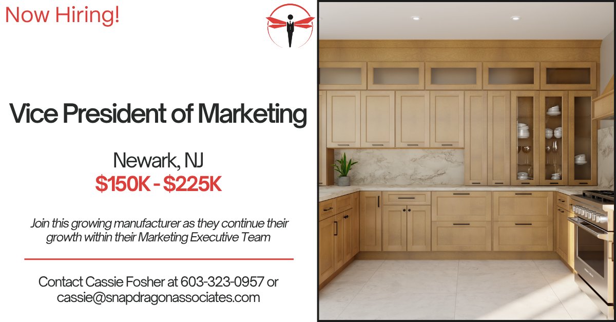 SnapDragonNH's tweet photo. A premier cabinet manufacturer is seeking a Vice President of Marketing to take full ownership of the marketing department. This is a confidential search. To learn more, connect with Cassie Fosher directly: 603-323-0957 | cassie@snapdragonassociates.com https://t.co/op3EbkPMCD