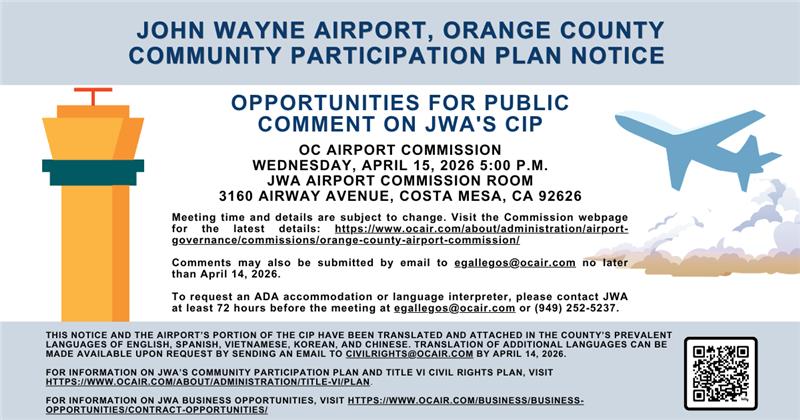 JohnWayneAir's tweet photo. 📢 Notice: John Wayne Airport announces opportunities for public comment on our Capital Improvement Program (CIP). Learn about the Community Participation Plan (CPP) for the CIP at: https://t.co/kGtHCdLIPM
✈️🏗️🌟 https://t.co/rWWJFKFOKu
