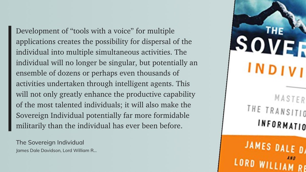 samuelvandeth's tweet photo. Think your agents are just handy for switching off your lights or printing your report? 

Think again. 

We might be heading to military agents swarms. Protecting state-free sovereign individuals. 

Written in 1999, must read. https://t.co/vgOfJ84wQo